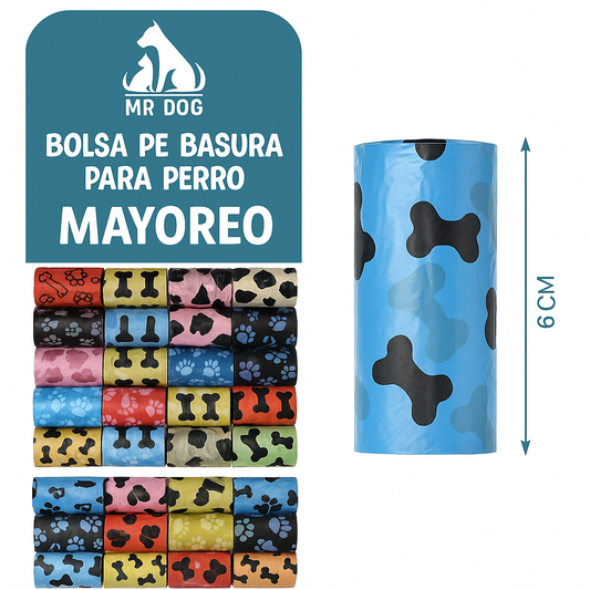 Bolsas para Popó con Diseños Divertidos Mr. Dog – 5 Rollos x 75 Bolsas Mayoreo 12 pzas 🐾