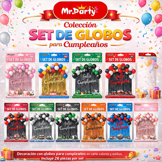 Kit Decoración de Cumpleaños con Globos + Cortina Metalizada + “Feliz Cumpleaños” | Set de Globos Mr. Party V2