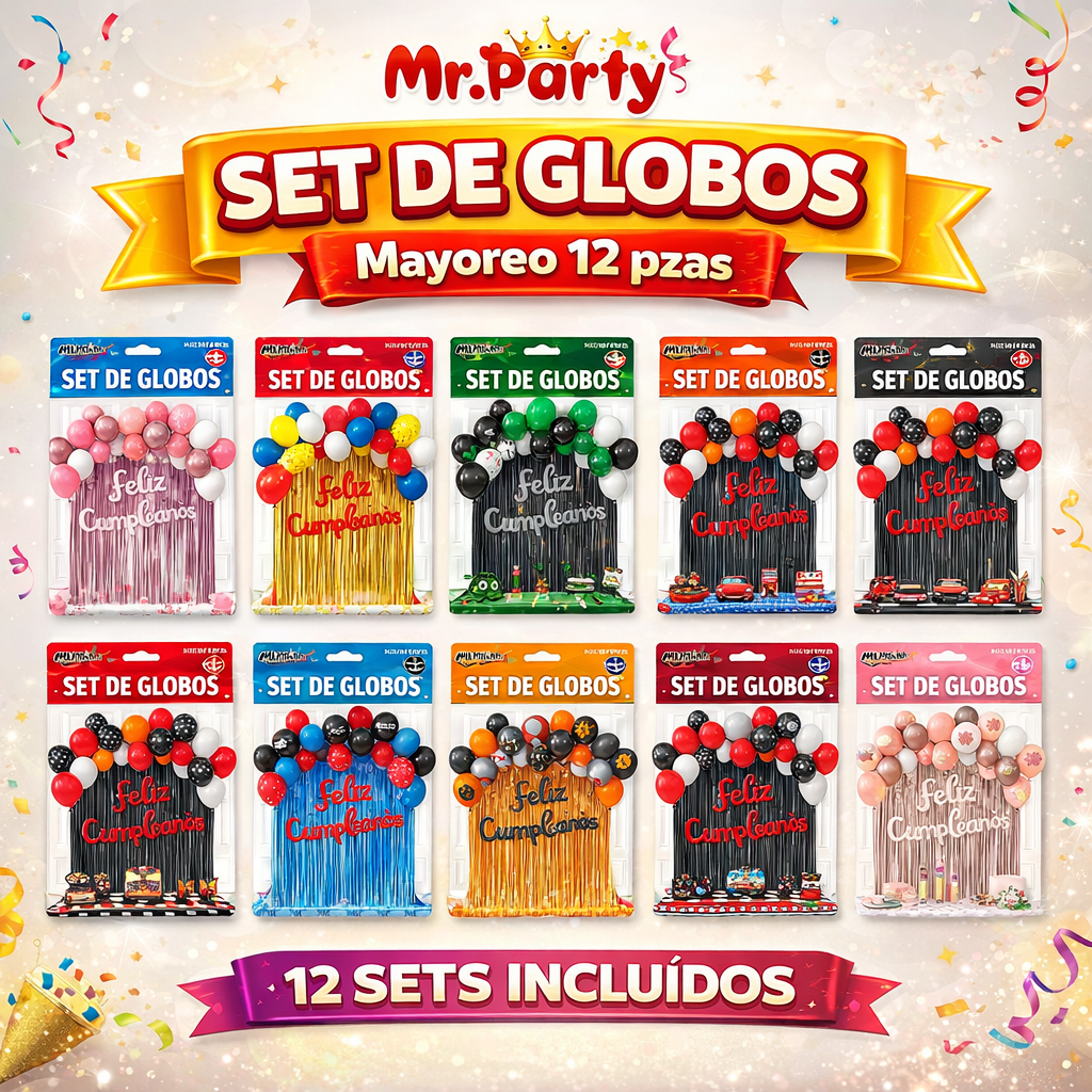 Kit Decoración de Cumpleaños con Globos + Cortina Metalizada + “Feliz Cumpleaños” | Set de Globos Mr. Party V2- 6pzas mayoreo