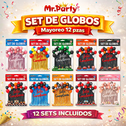Kit Decoración de Cumpleaños con Globos + Cortina Metalizada + “Feliz Cumpleaños” | Set de Globos Mr. Party V2- 6pzas mayoreo