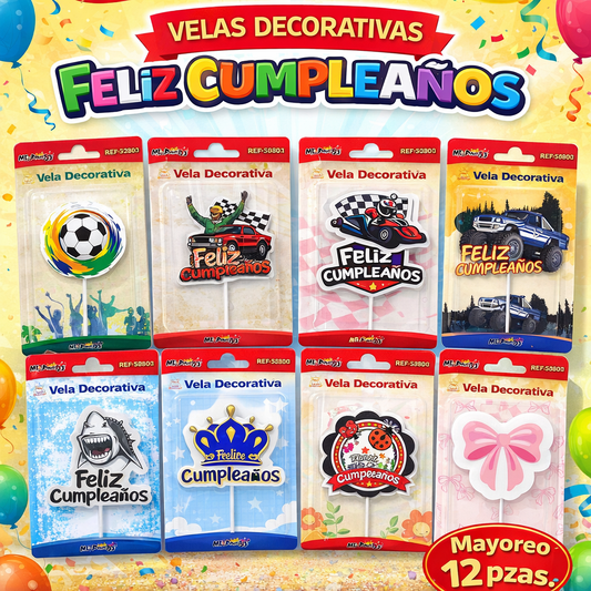 Vela Decorativa Tipo Topper para Pastel 🎂✨ | Diseños Bonitos para Cumpleaños, Fiesta y Temáticas- Mayoreo 12 pzas