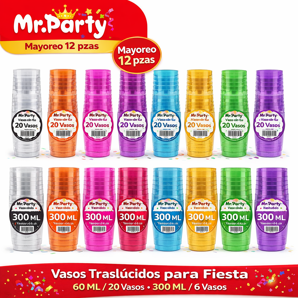 Vasos de Plástico Mr. Party 🥳🥤 | Vasos Desechables en Colores para Fiesta (60ml / 30ml) - Mayoreo 12 paquetes