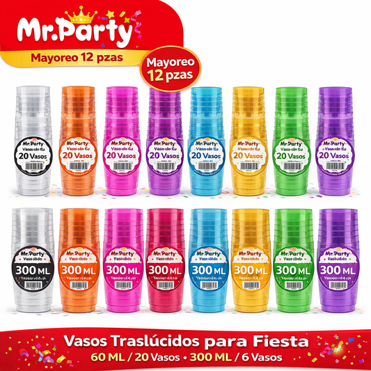 Vasos de Plástico Mr. Party 🥳🥤 | Vasos Desechables en Colores para Fiesta (60ml / 30ml) - Mayoreo 12 paquetes