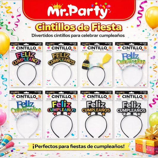 Cintillo Feliz Cumpleaños Mr. Party 🎉👑 | Diadema de Fiesta con Letras y Brillos (Varios Modelos)