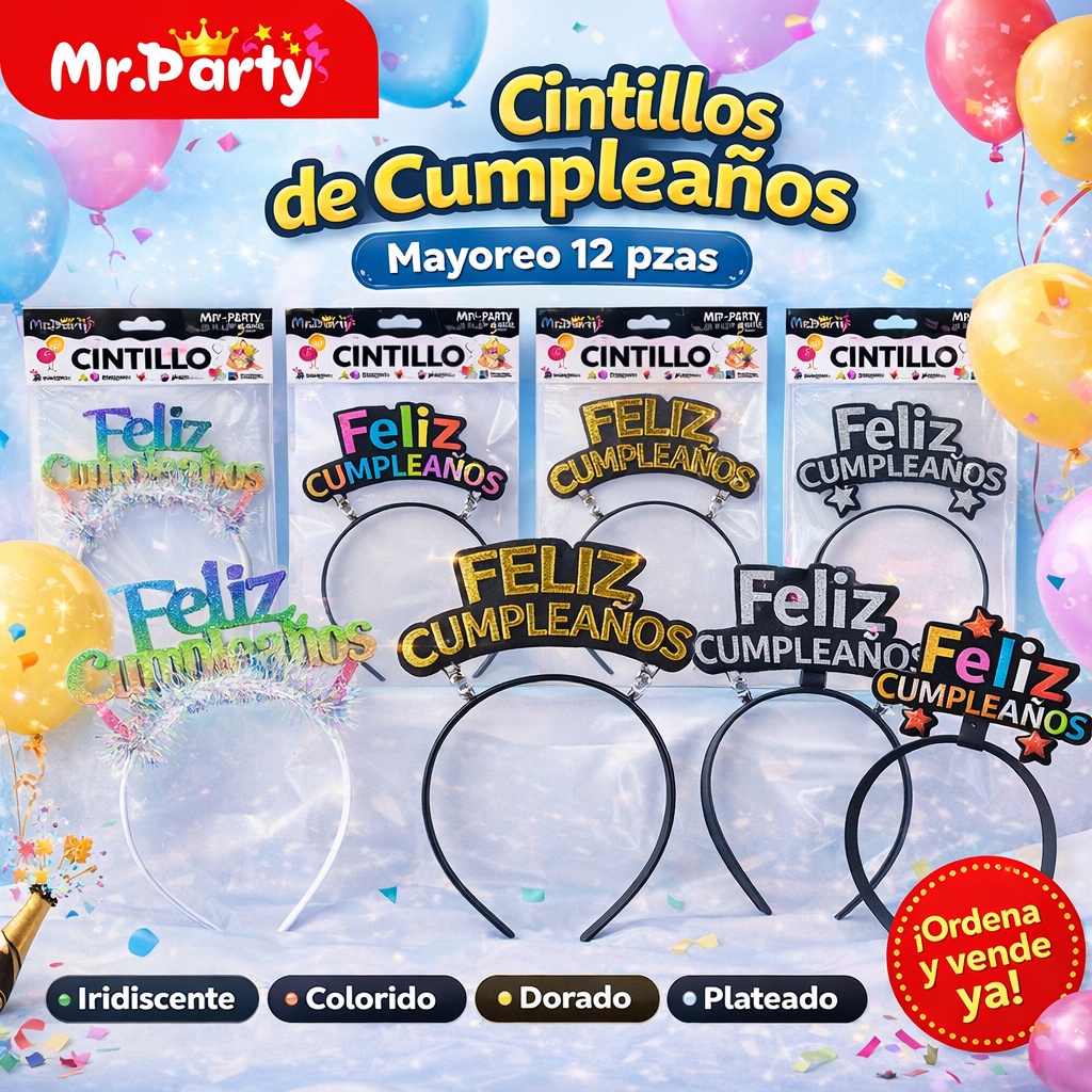 Cintillo Feliz Cumpleaños Mr. Party 🎉👑 | Diadema de Fiesta con Letras y Brillos (Varios Modelos)- Mayoreo 12 pzas