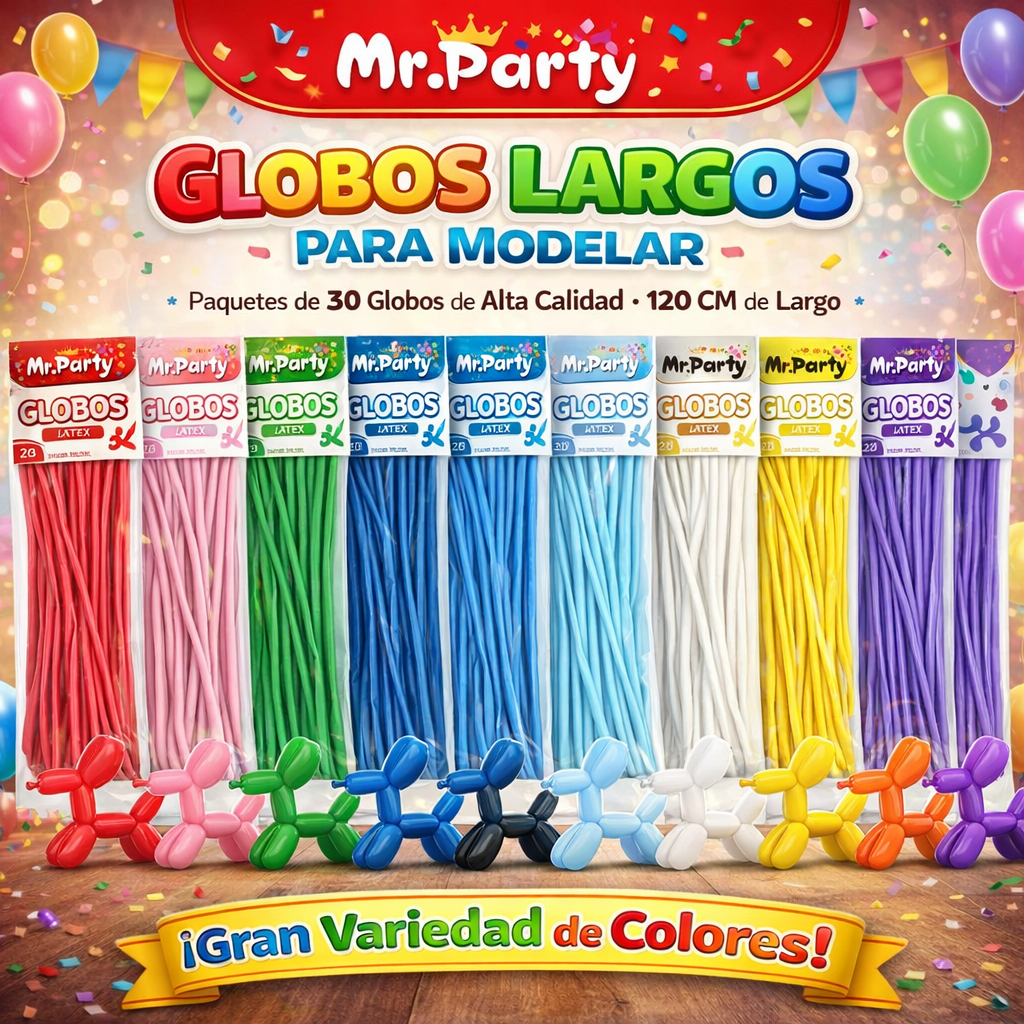 🎈 Globos Largos para Figuras 120 cm | Globos Salchicha de Látex (Paquete 30 pzas) | Mr. Party