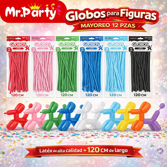 🎈 Globos Largos para Figuras 120 cm | Globos Salchicha de Látex (Paquete 30 pzas) | Mr. Party- Mayoreo 12pzas