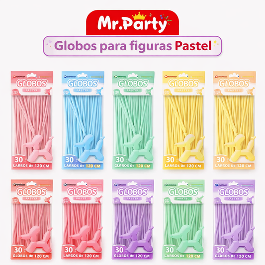 🎈 Globos Largos para Figuras 120 cm | Globos Salchicha de Látex Colores Pastel (Paquete 30 pzas) | Mr. Party