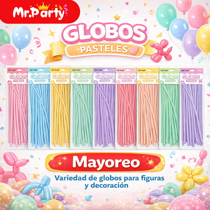 🎈 Globos Largos para Figuras 120 cm | Globos Salchicha de Látex Colores Pastel (Paquete 30 pzas) | Mr. Party- Mayoreo 12 pzas