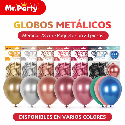 🎈✨ Globos Metalizados 10” (28cm) Mr. Party | Látex con 20 pzas