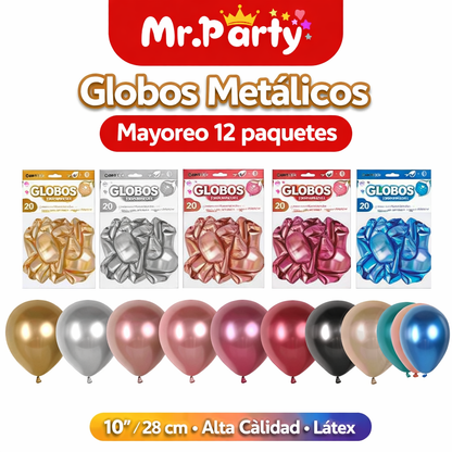 🎈✨ Globos Metalizados 10” (28cm) Mr. Party | Látex Cromado Brillante para Decoración de Fiestas- Mayoreo 12 pzas
