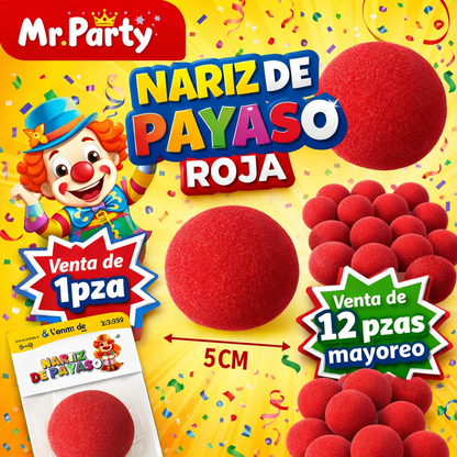 🤡 Nariz de Payaso Roja de Espuma 5cm (1 pza) o (Mayoreo 12pzas) 🎉 Accesorio para Disfraz, Show y Fiesta | Mr. Party