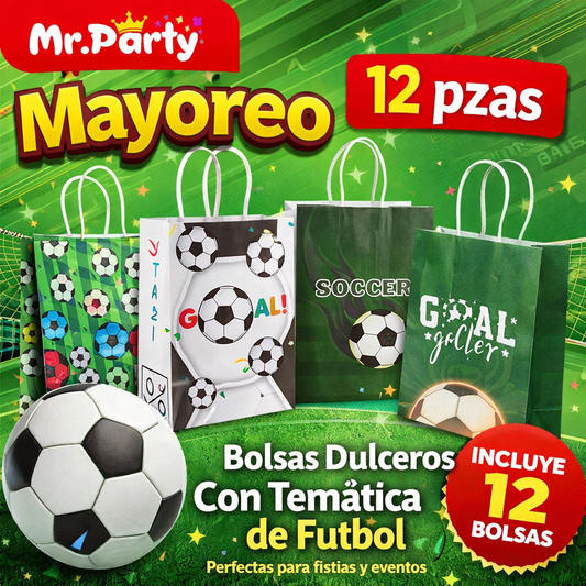 Bolsas para Dulces y Regalo Tema Fútbol ⚽🏟️ | Dulceras + Bolsas de Papel | Fiesta Futbolera- Mayoreo 12 pzas