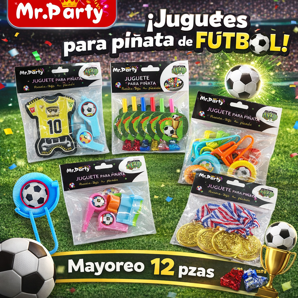 🏆⚽ Kit Futbolero para Piñata y Bolsitas | Medallas + Sopladores + Mini Juegos- Mayoreo 12pzas