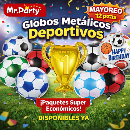 🏆⚽ Globos Mylar Deportivos Mr. Party | Balón de Fútbol, Trofeo #1 y “Happy Birthday” 🎈✨- Mayoreo 12 pzas