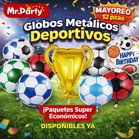 🏆⚽ Globos Mylar Deportivos Mr. Party | Balón de Fútbol, Trofeo #1 y “Happy Birthday” 🎈✨- Mayoreo 12 pzas