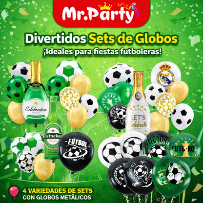 🎈✨ Set de Globos para Fiesta Mr. Party | Fútbol ⚽ + Brindis 🍾🍻 (Mylar + Latex) 🖤💛💚