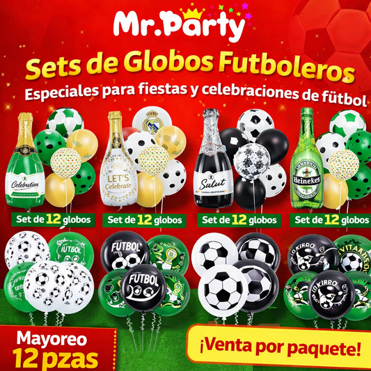 🎈✨ Set de Globos para Fiesta Mr. Party | Fútbol ⚽ + Brindis 🍾🍻 (Mylar + Latex) 🖤💛💚- Mayoreo 12 pzas