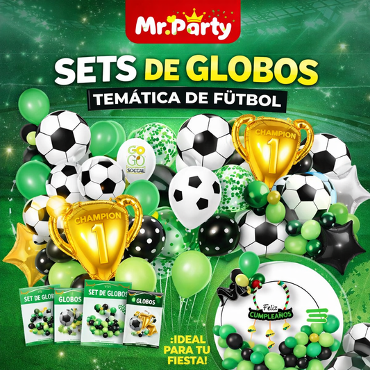 🏆⚽ Set de Globos Fútbol Mr. Party | Trofeo Campeón #1 + Balón + Arco “Feliz Cumpleaños” 🎈💚🖤✨