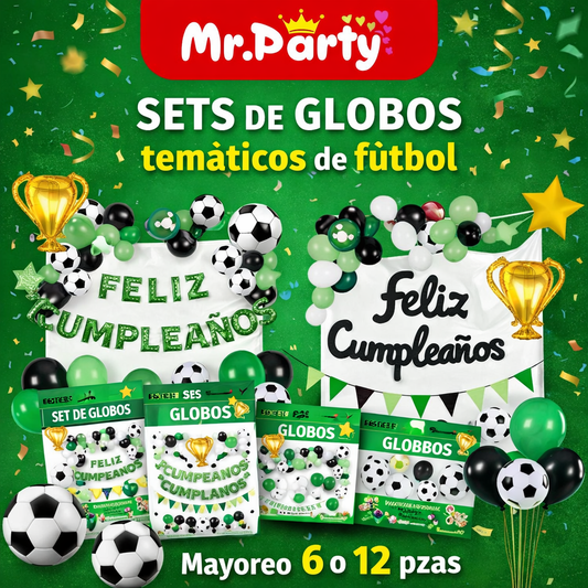 ⚽🎈 Kit Decoración Cumpleaños Fútbol | Sets de Globos + Guirnalda “Feliz Cumpleaños” (Variantes)- Mayoreo 6 o 12 pzas