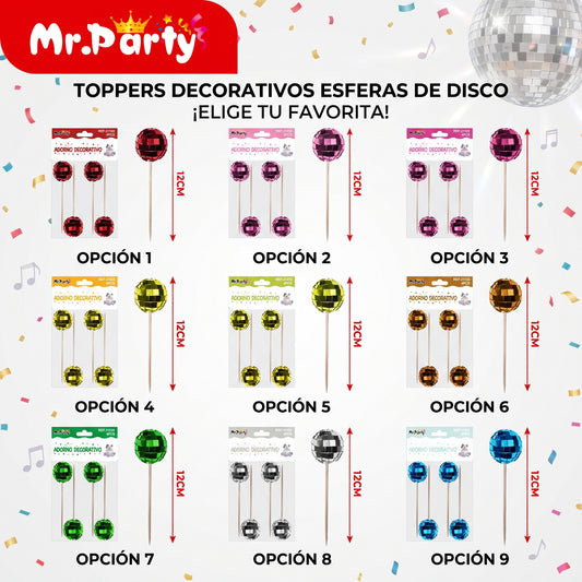 Set De Toppers Decorativos Esfera Disco Mr. Party Varios Colores✨