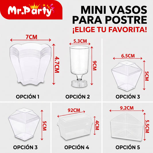 Vasos Para Postre Mini Transparentes Mr. Party Varios Diseños Para Fiestas Y Mousses 🍮