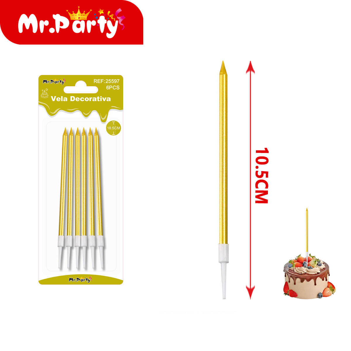 🎂 Velas Decorativas Largas Metálicas para Pastel 6 Piezas