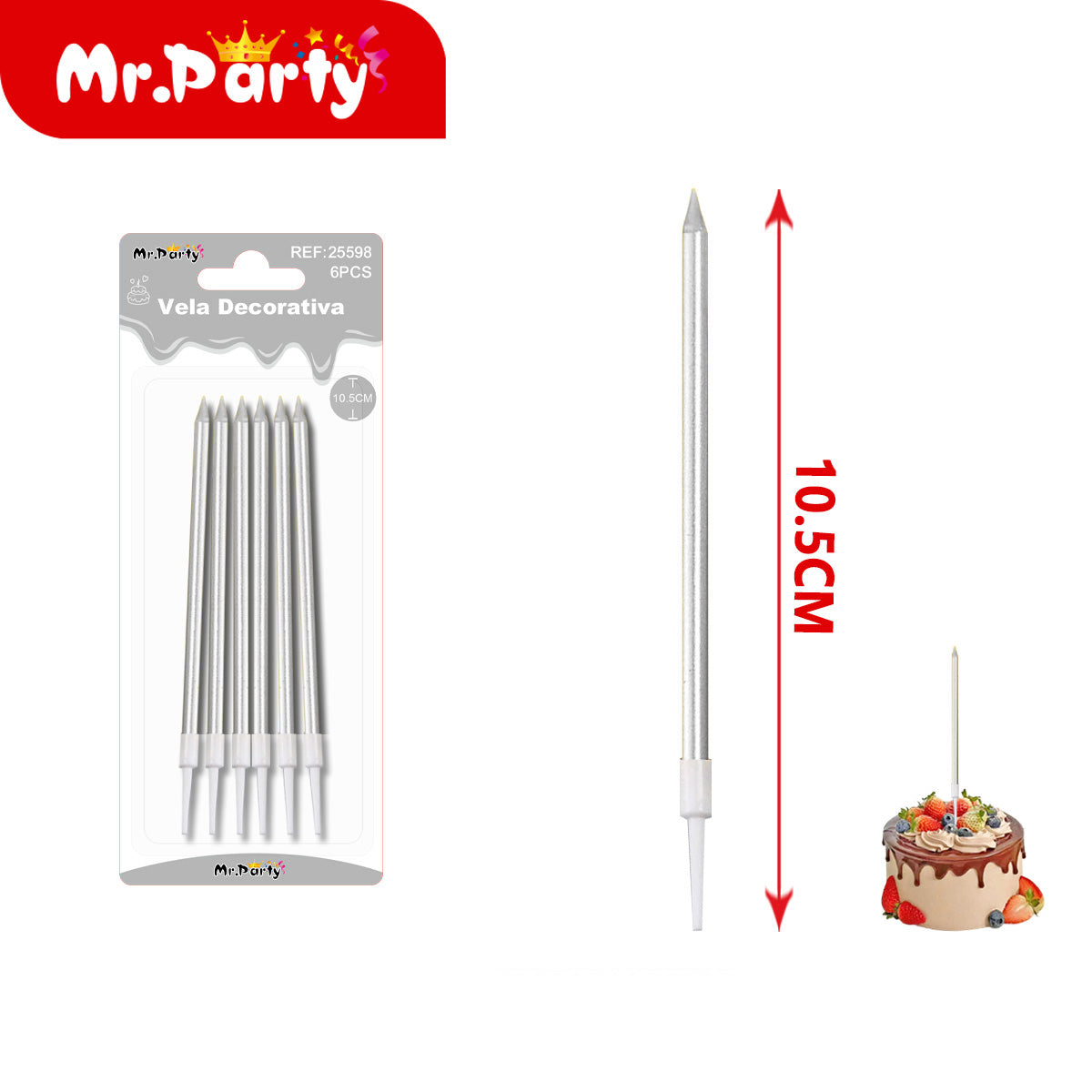 🎂 Velas Decorativas Largas Metálicas para Pastel 6 Piezas