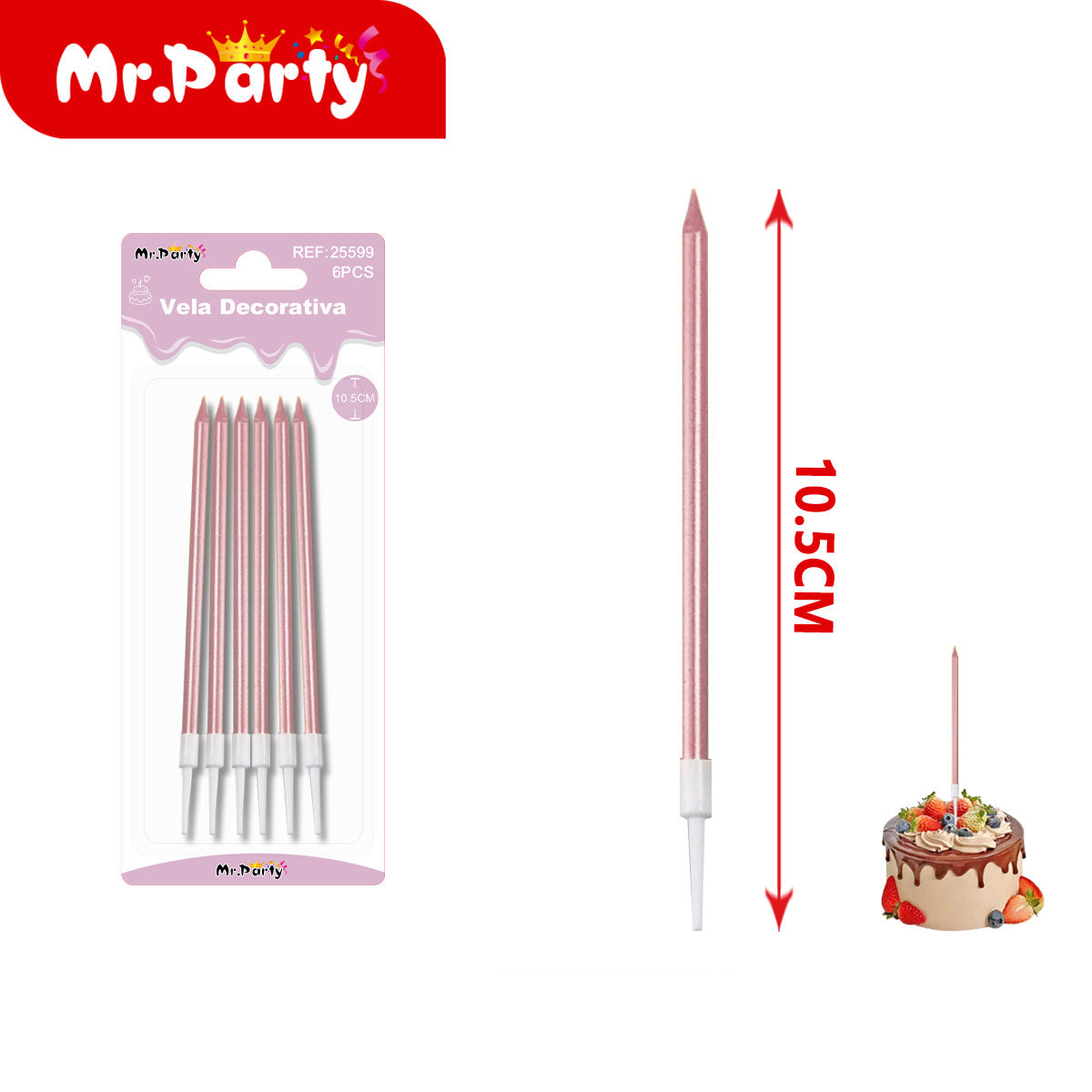 🎂 Velas Decorativas Largas Metálicas para Pastel 6 Piezas