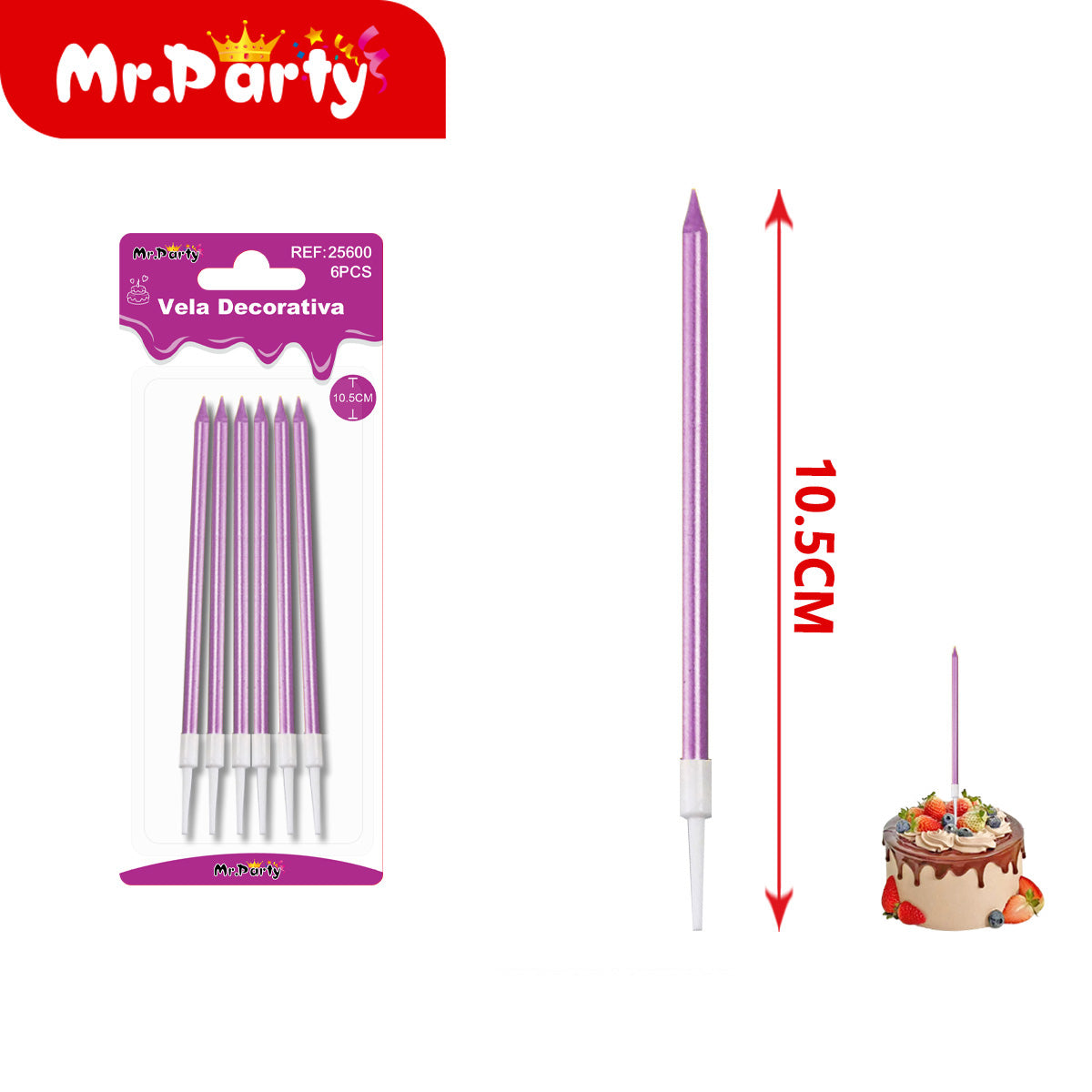 🎂 Velas Decorativas Largas Metálicas para Pastel 6 Piezas