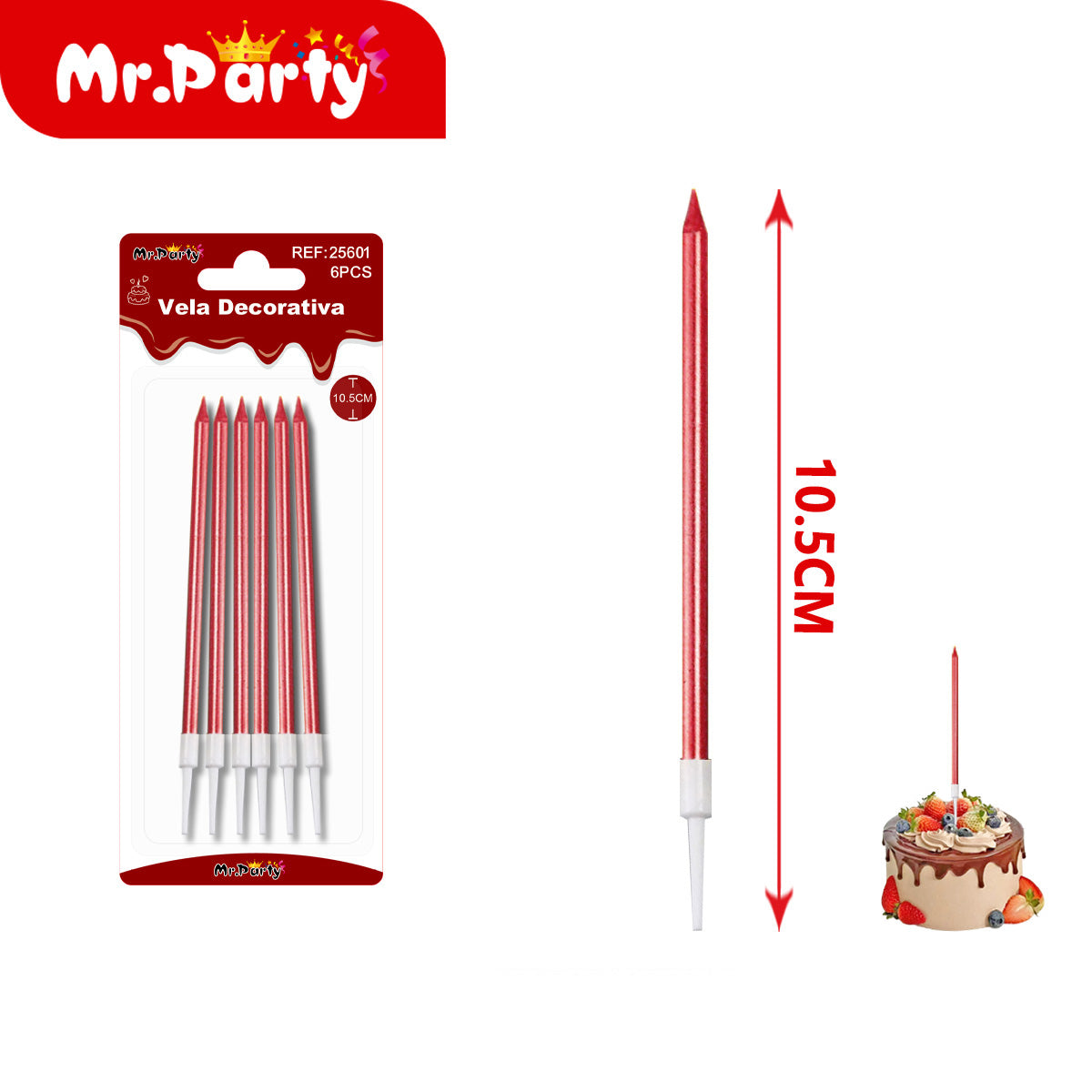🎂 Velas Decorativas Largas Metálicas para Pastel 6 Piezas