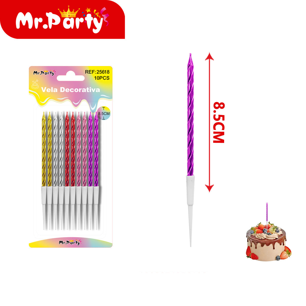 🎂 Velas Decorativas Espiral Metálicas para Pastel 10 Piezas