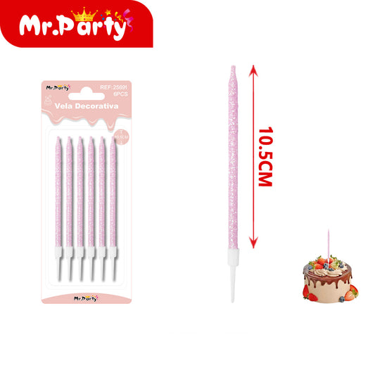 Velas Decorativas Largas Glitter 10.5cm Set 6 Piezas para Cumpleaños