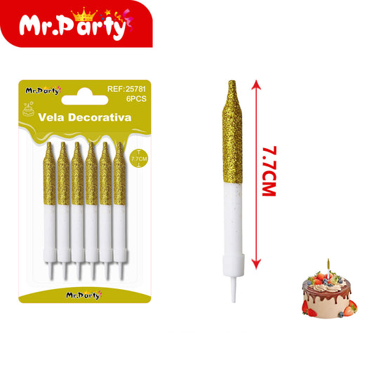 🎂 Velas decorativas para pastel glitter y espiral en set de 6 piezas para cumpleaños y fiesta- Mayoreo 12 pzas