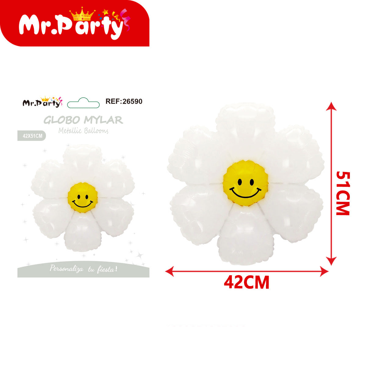 🌸 Globo Mylar Flor Sonriente Mr. Party- 12 pzas – Colores Surtidos