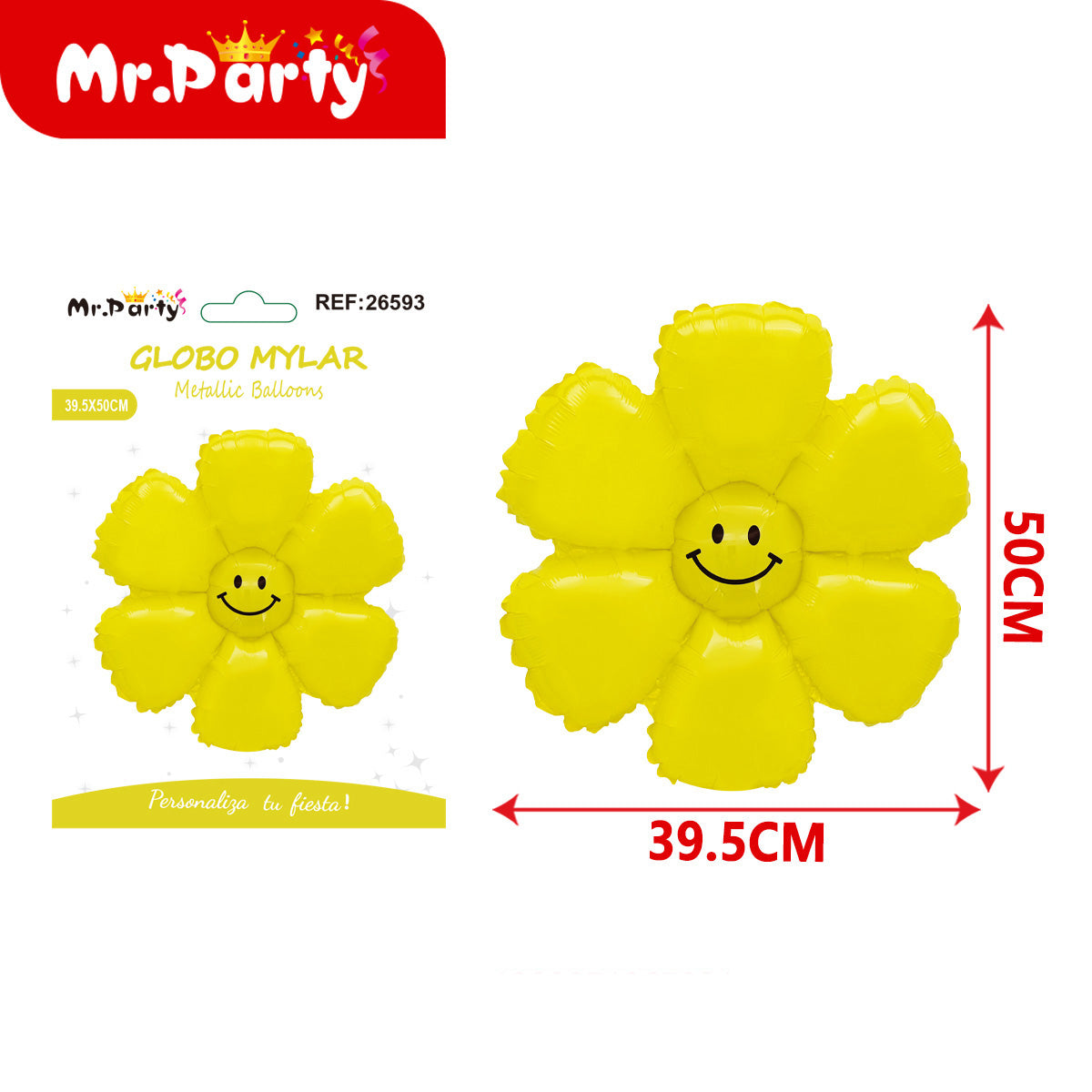 🌸 Globo Mylar Flor Sonriente Mr. Party- 12 pzas – Colores Surtidos