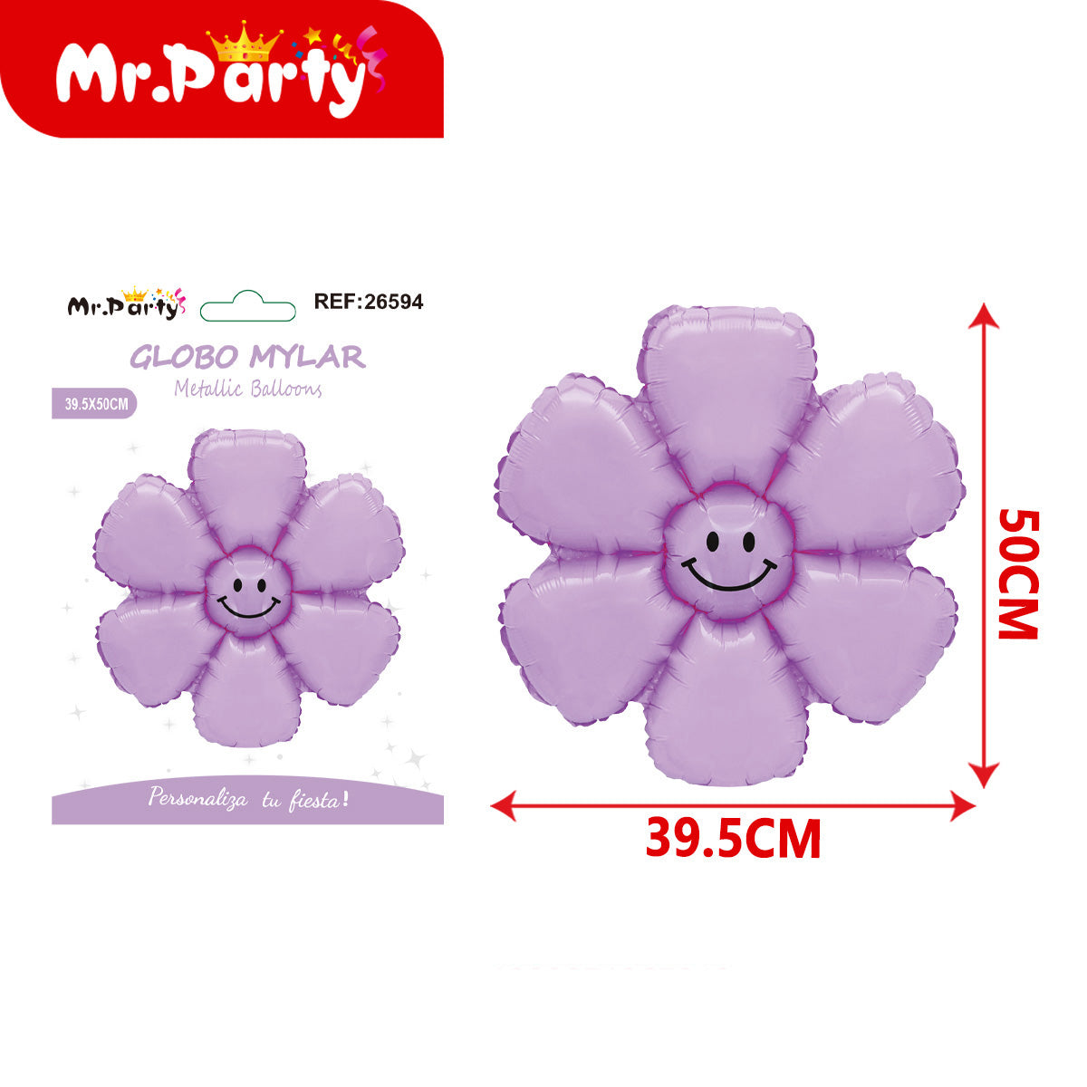 🌸 Globo Mylar Flor Sonriente Mr. Party- 12 pzas – Colores Surtidos