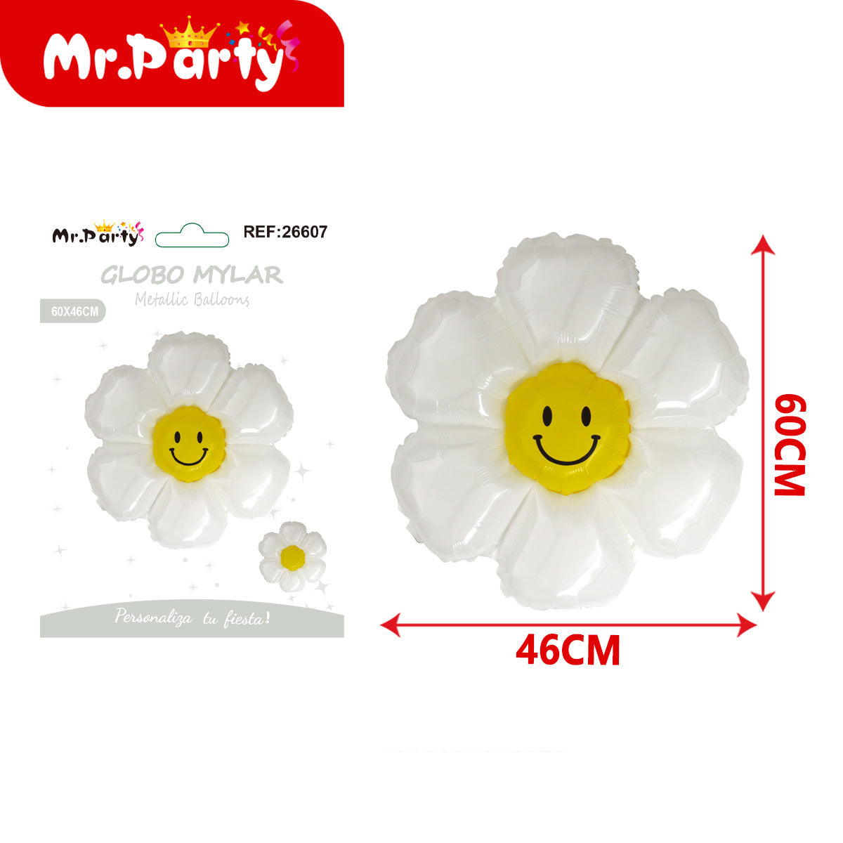 🌸 Globo Mylar Flor Sonriente Mr. Party- 12 pzas – Colores Surtidos