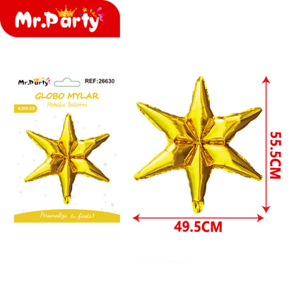 ⭐ Globo Mylar Estrella 6 Puntas 55.5 cm x 49.5cm – 12 pzas -Dorado, Champagne y Plata