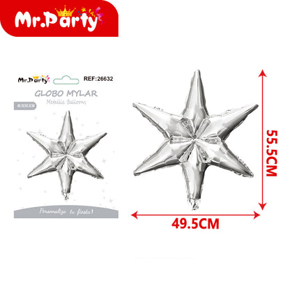 ⭐ Globo Mylar Estrella 6 Puntas 55.5 cm x 49.5cm – 12 pzas -Dorado, Champagne y Plata