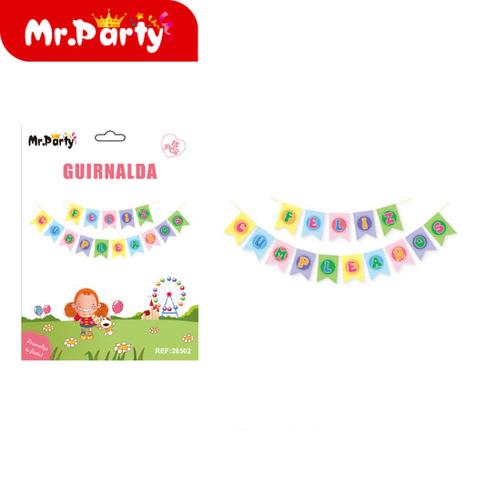 🎉 Guirnalda Feliz Cumpleaños temática en presentación surtida para decoración de fiesta y cumpleaños