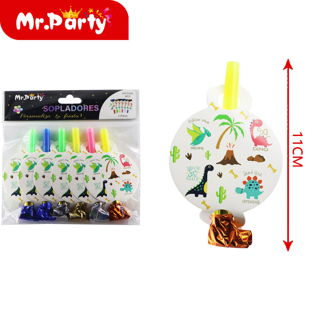 Sopladores para fiesta 6pzas 11 cm diferentes diseños| Mr. Party