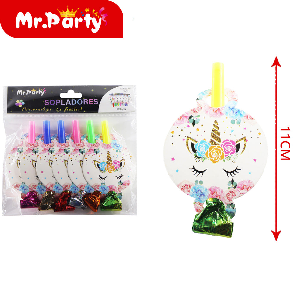 Sopladores para fiesta 6pzas 11 cm diferentes diseños| Mr. Party