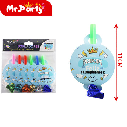 Sopladores para fiesta 6pzas 11 cm diferentes diseños| Mr. Party