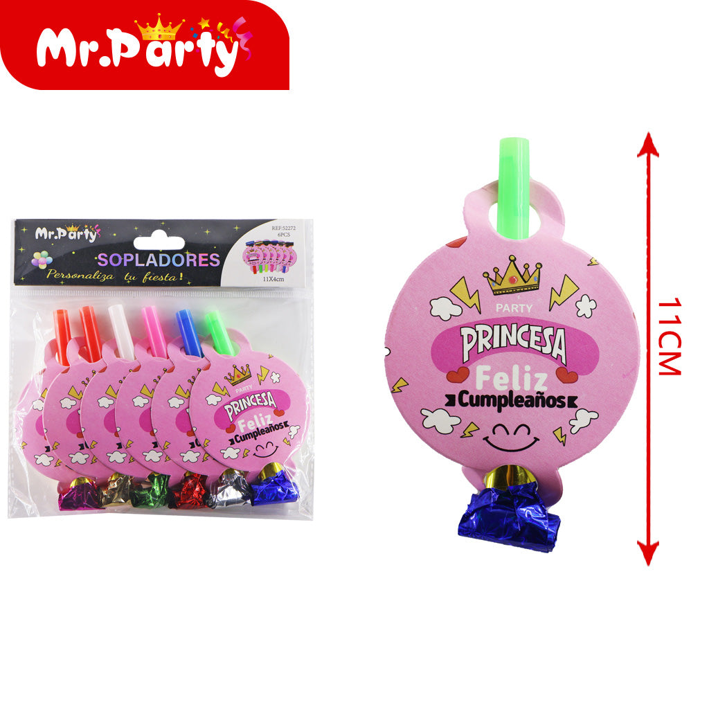 Sopladores para fiesta 6pzas 11 cm diferentes diseños| Mr. Party