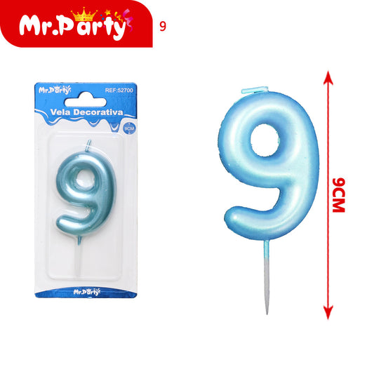 Vela de 9 números con tallo de plástico color azul bebé blÃ­s (12paquetes)