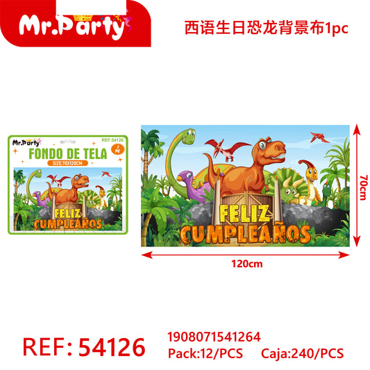 Fondo de dinosaurio de cumpleaños en español de 120 x 70 (12paquetes)