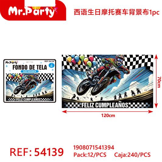Fondo de carreras de motos de cumpleaños en español de 120 x (12paquetes)