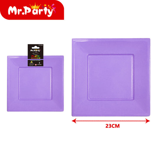 Plato cuadrado de plástico de 23 cm (9") 3 piezas morado cla (12paquetes)