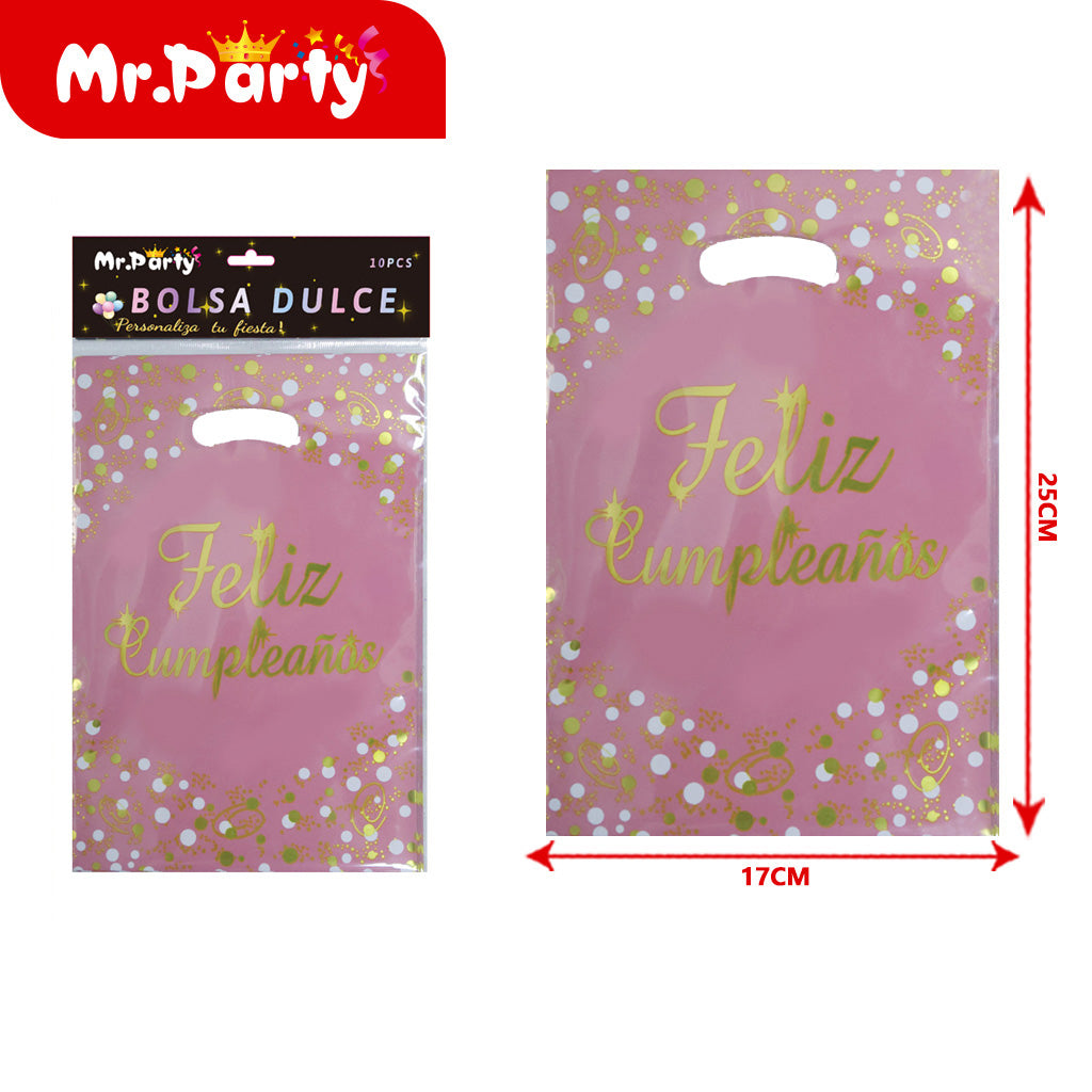 Bolsas para dulces de feliz cumpleaños con asa 17×25 cm (paquete con 10) | Mr. Party V1